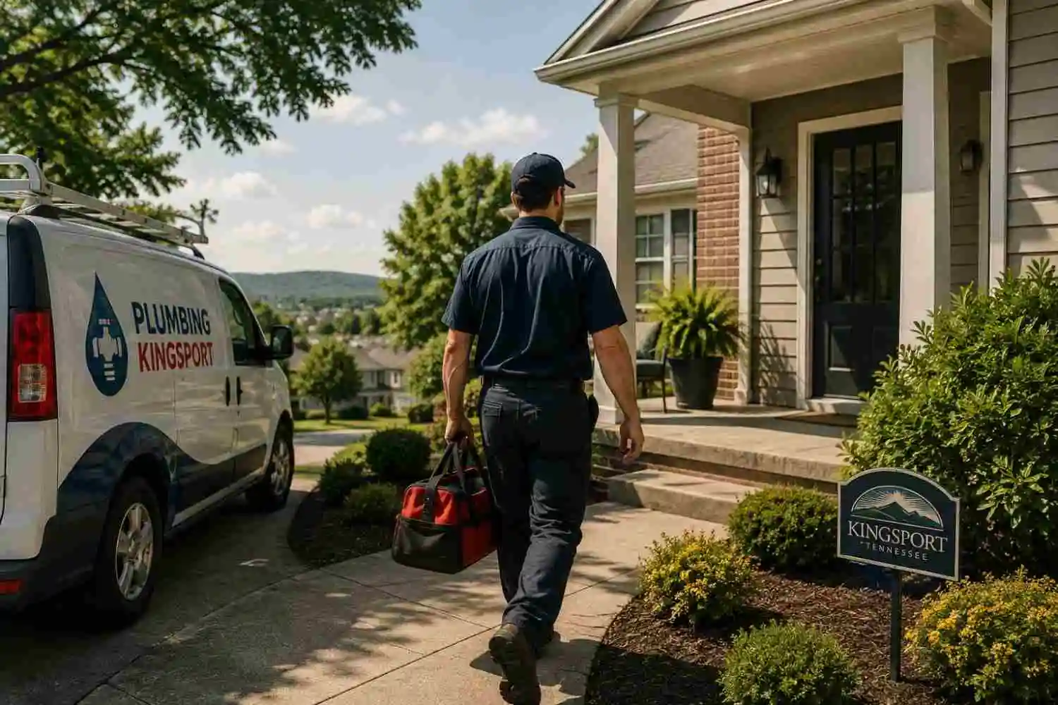 Licensed plumber arriving at a Kingsport home for a scheduled visit