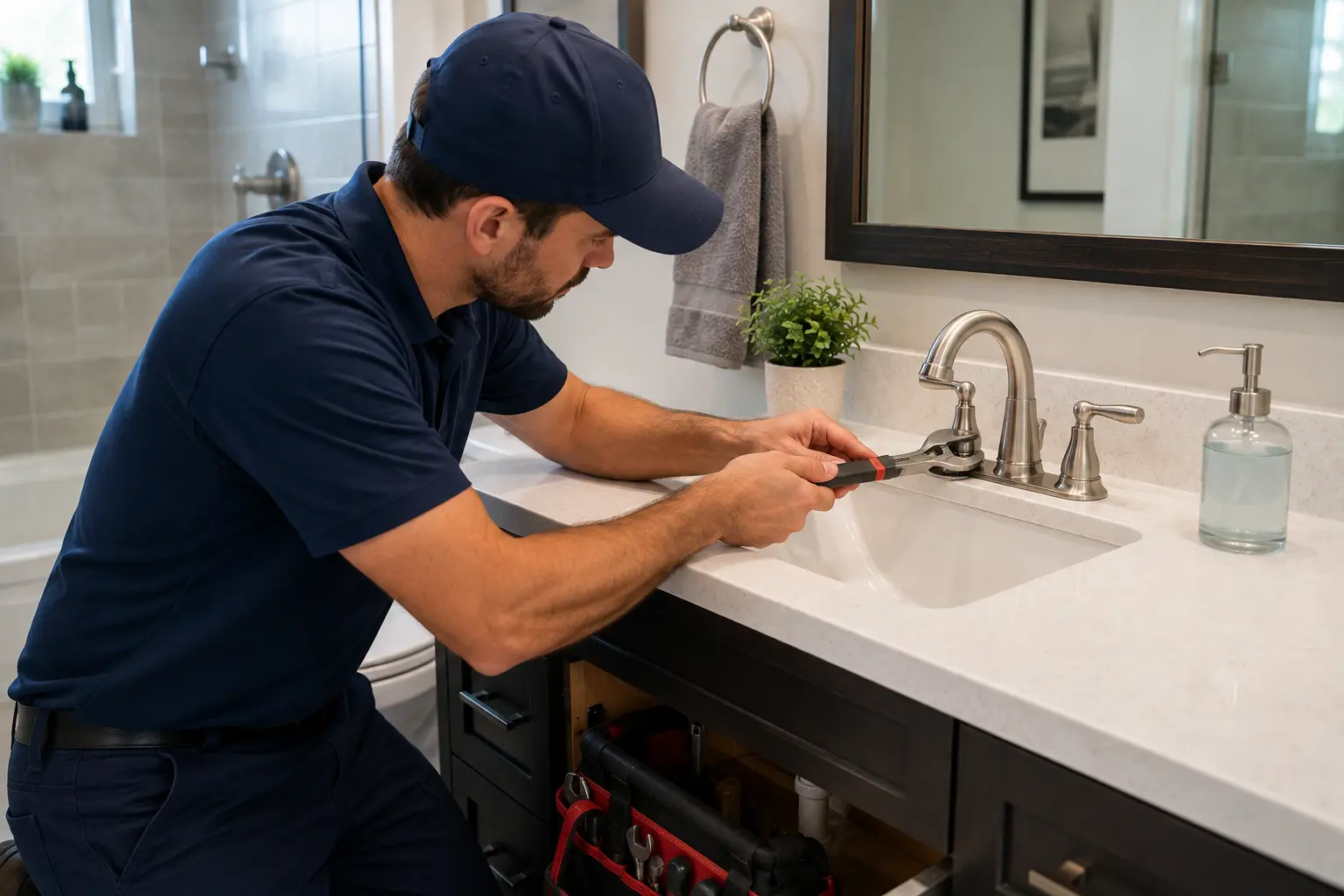 Bathroom Plumbing Service in Kingsport TN, Johnson City & Tri-Cities 3 Plumber repairing a bathroom sink faucet