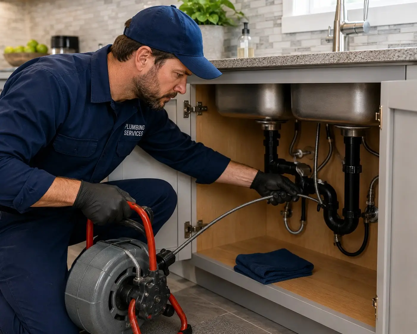 Plumber clearing a clogged kitchen drain