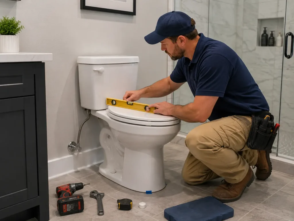 Toilet Repair and Installation Service in Kingsport TN, Johnson City & Tri-Cities 3 Plumber installing a new toilet and leveling it in place