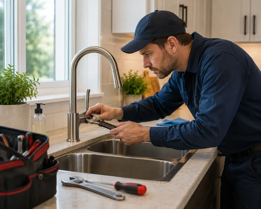Plumber repairing a kitchen faucet