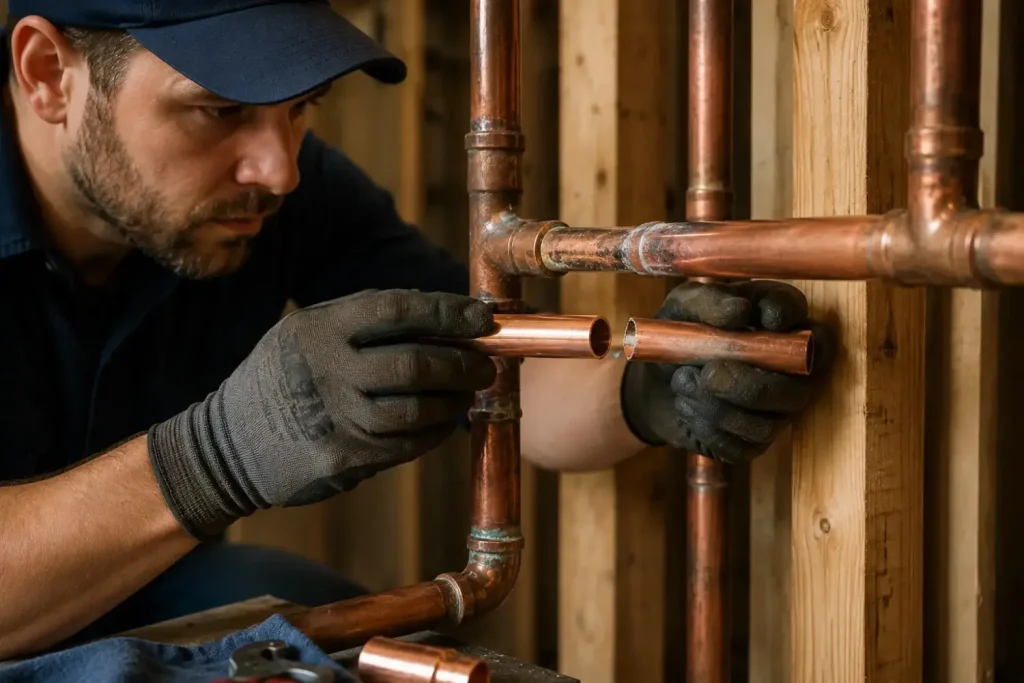 Plumber replacing a damaged section of copper pipe