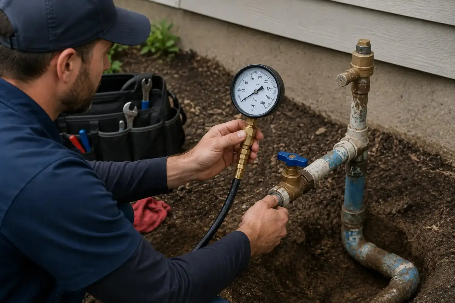 Plumber testing water line pressure during a service visit