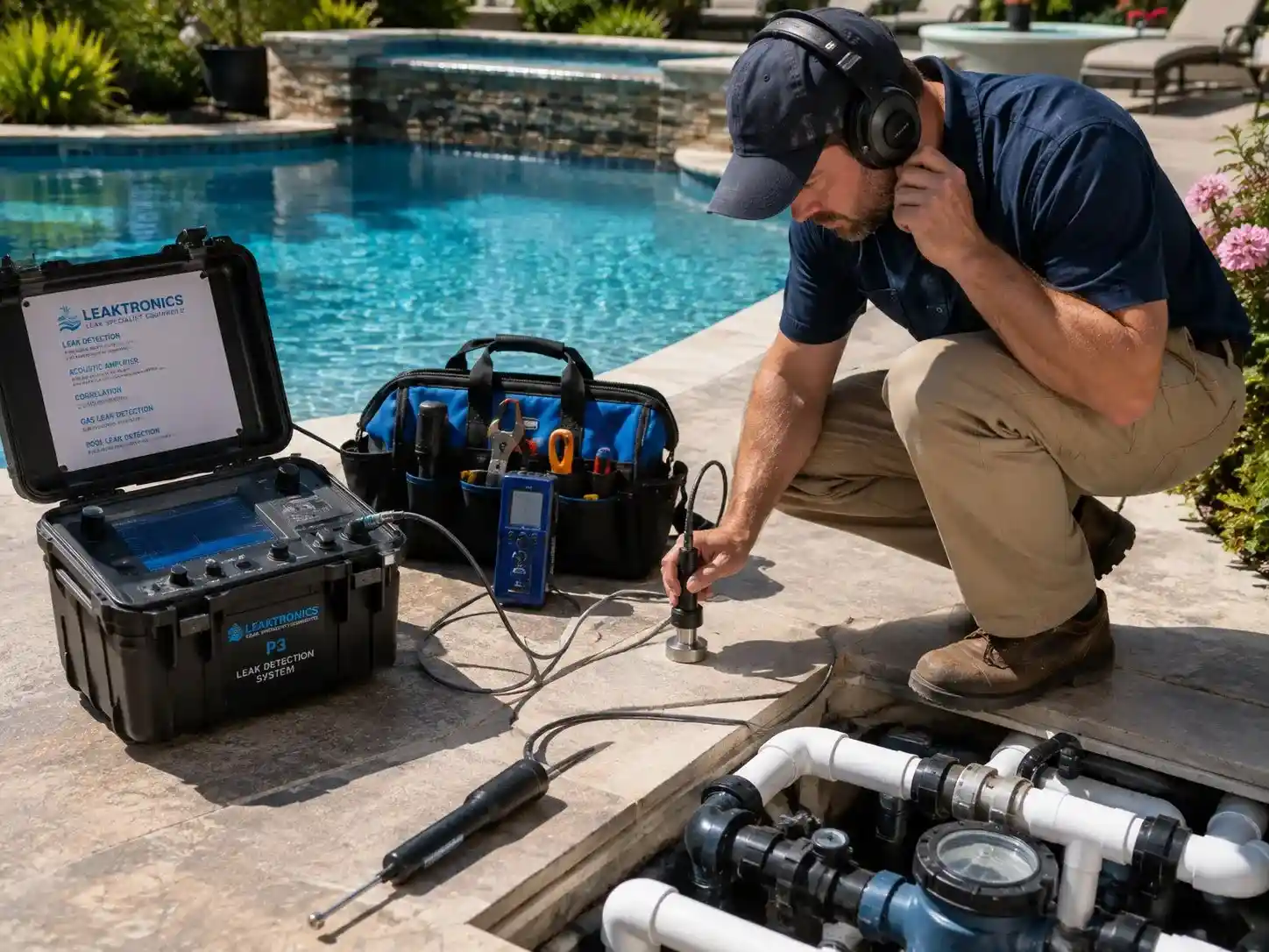 Pool plumbing leak detection equipment beside a pool