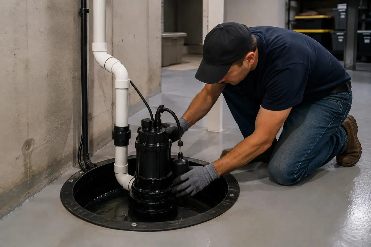 New sump pump being installed into a basement pit