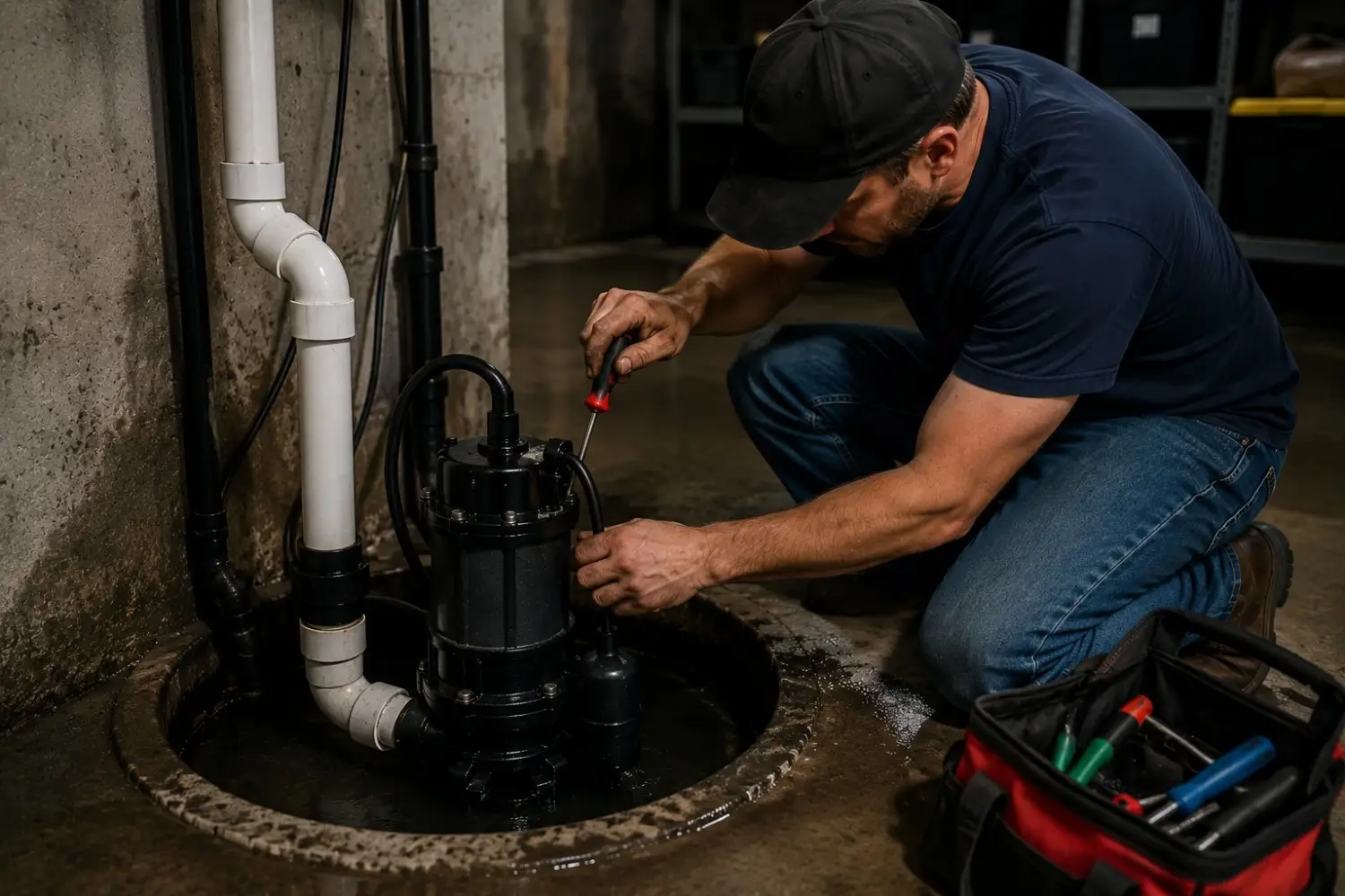 Technician repairing a sump pump float and pipe