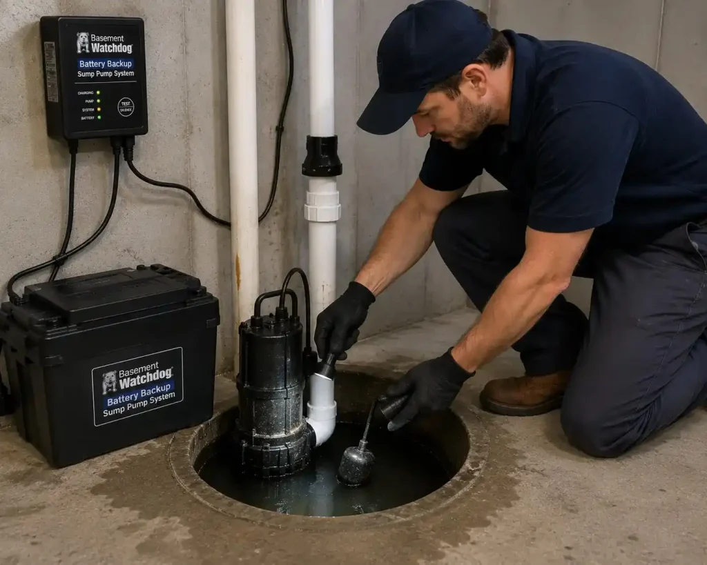 Technician inspecting sump pump float and pit during maintenance