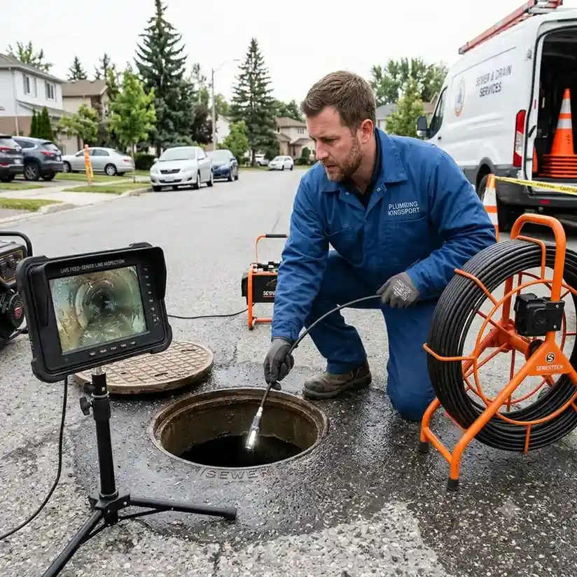 Plumber performing an on-site camera inspection of a drain line