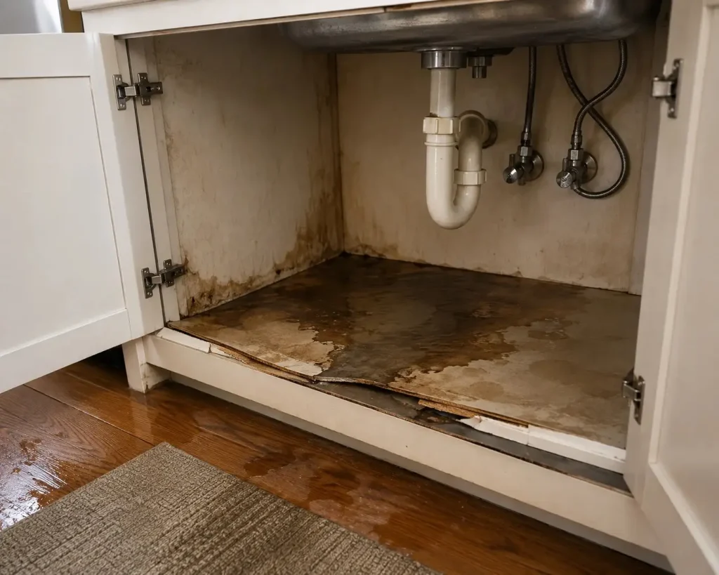 Water damage on cabinet flooring from an undetected kitchen leak
